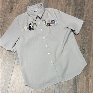 BonWorth Beige and White Striped Shirt Cat Embroidery Detail